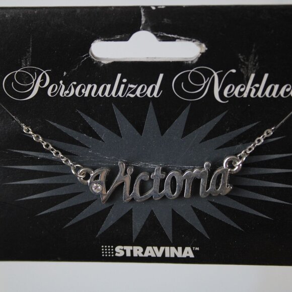 Stravina Jewelry - VICTORIA Name Silvertone Rhinestone 14.5" w 4.5" Multi Ring Ext Necklace